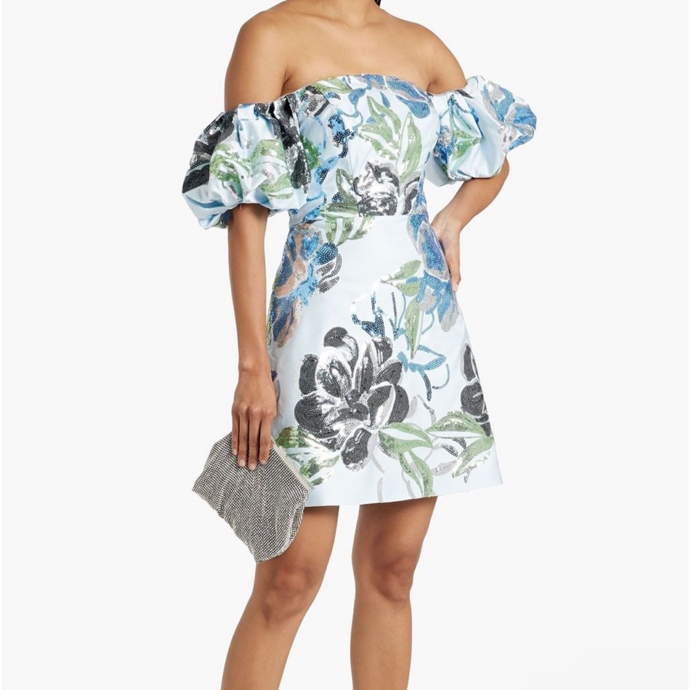 MARCHESA NOTTE
Off-the-shoulder sequin-embellished satin mini dress